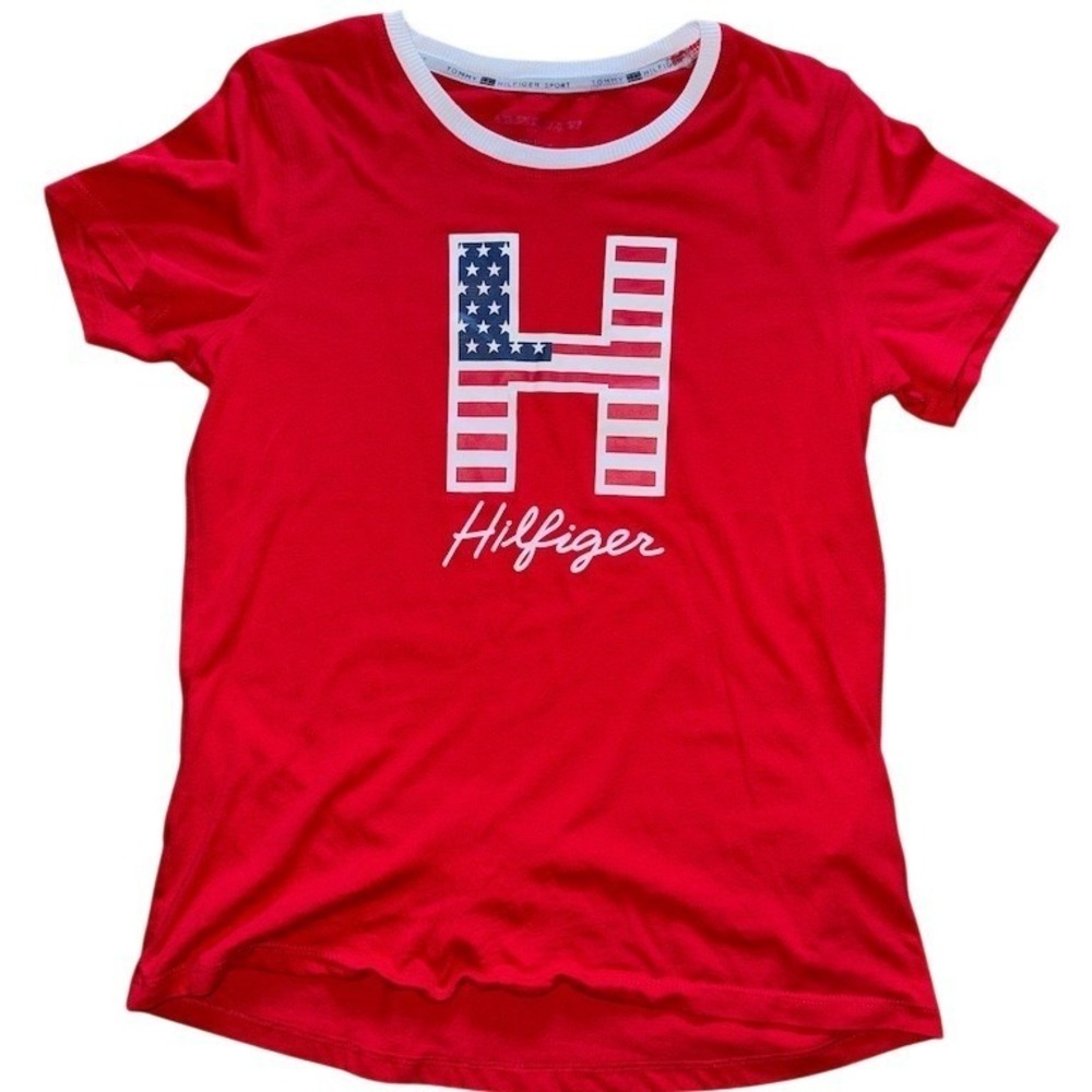 Tommy Hilfiger Sport T-Shirt Womens M‎ Red Graphic American Flag Logo Tee bold H